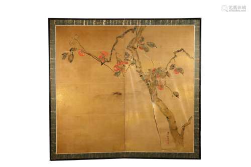 A RARE JAPANESE RINPA SCHOOL TWO PANEL PERSIMMON TREE SCREEN