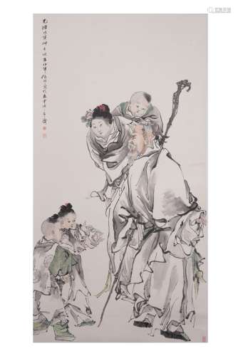 A CHINESE COLOR AND INK ON PAPER 'FIGURES' PAINTING