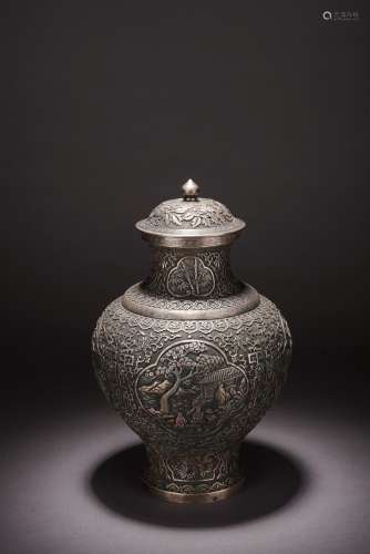 A CHINESE SILVER CAST 'FIGURES' JAR AND COVER