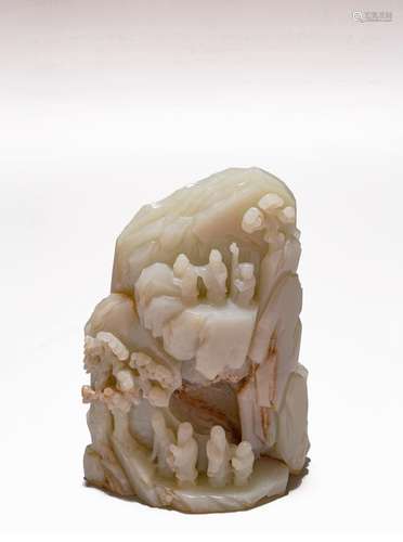 A CHINESE CELADON JADE CARVED 'FIGURES' BOULDER