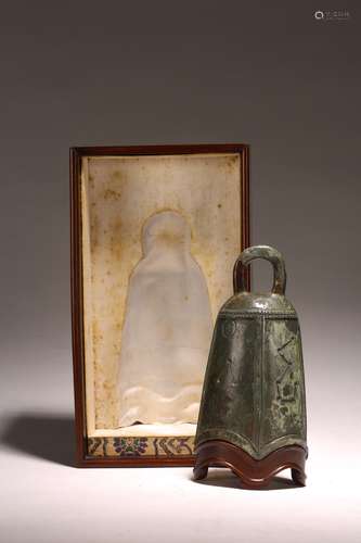 A CHINESE BRONZE BELL WITH ROSEWOOD BOX AND STAND