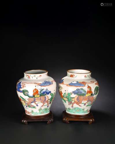 A PAIR OF CHINESE WUCAI 'BOYS AND QILIN' JARS