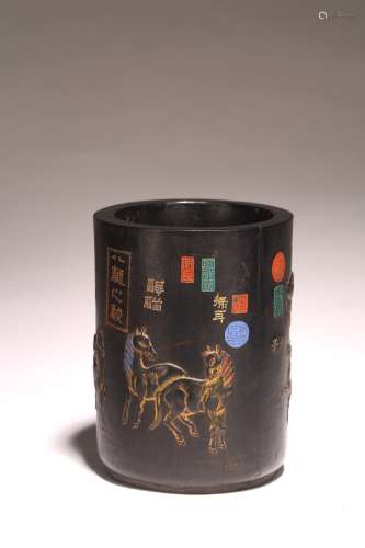 A CHINESE INK CAKE 'HORSES' CYLINDRICAL BRUSHPOT