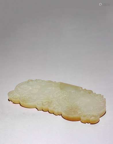 A CHINESE CELADON JADE 'LANDSCAPE AND FIGURES' QIN PENDANT