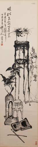 A CHINESE INK ON PAPER 'ANTIQUES' HANGING SCROLL