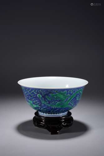 A CHINESE GREEN ENAMEL BLUE GROUND BOWL