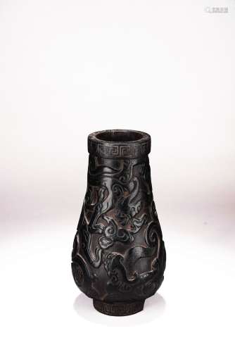 AN UNUSUAL CHINESE ZITAN 'CHILONG' SILVER INLAID VASE