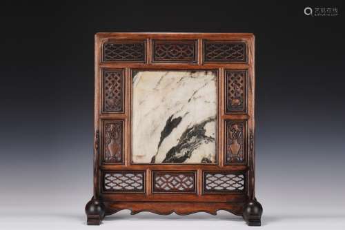 A CHINESE HUANGHUALI MARBLE TABLE SCREEN