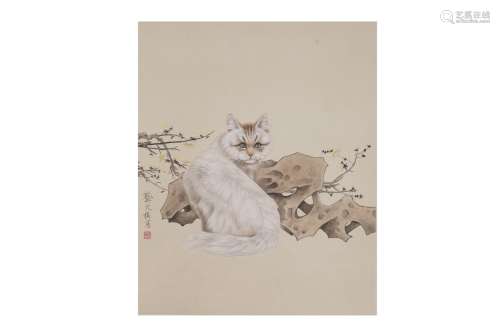 GONG WENZHEN(B.1945) CHINESE COLOR AND INK 'CAT' SCROLL PAIN...