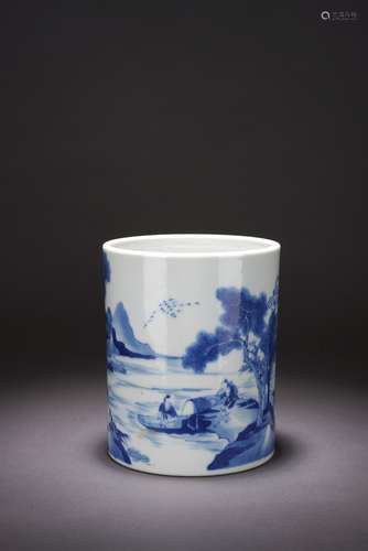 A CHINESE BLUE AND WHITE 'FISHERMAN' BRUSHPOT