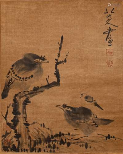 A CHINESE INK ON SILK 'BIRDS' HANGING SCROLL