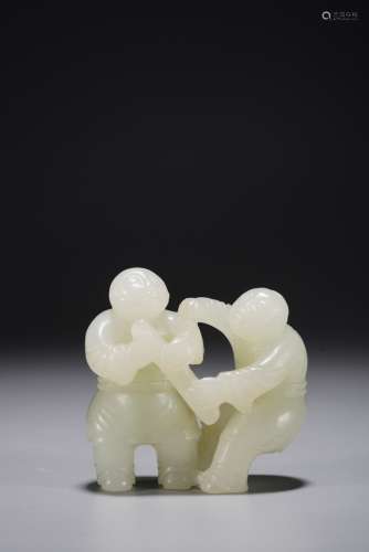 A CHINESE WHITE JADE CARVING OF TWIN BOYS
