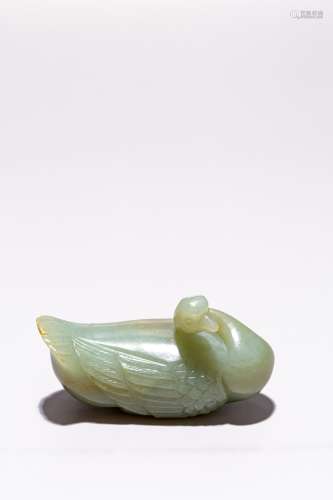 A CHINESE CELADON JADE FIGURE OF GOOSE