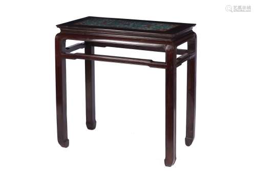 A CHINESE HARDWOOD CLOISONNE ENAMEL PANEL TABLE