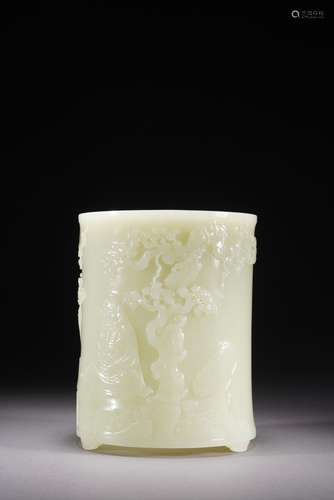 A CHINESE WHITE JADE 'MONK' BRUSHPOT