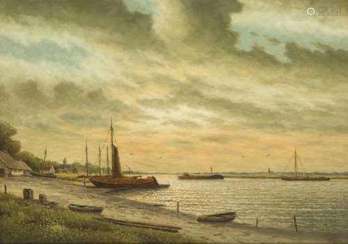 G.J. Ernens (B. 1935 - ?), View on the river Waal (?), Holla...