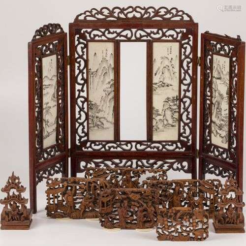 A miniature wooden folding screen with bone together with va...