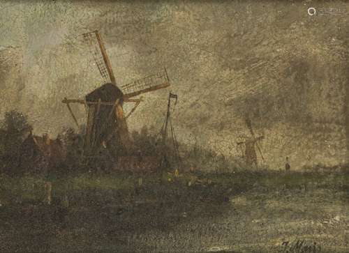 Dutch School, 20th C.. A windmill in a river landscape..