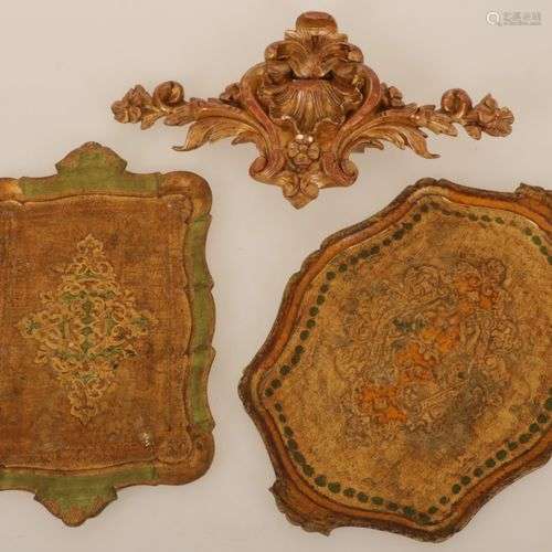 A lot consisting of (2) serving trays and a gilded ornament.