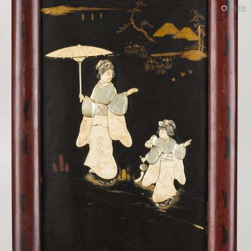A lacquer panel with scene in bone and mother-of-pearl, Japa...