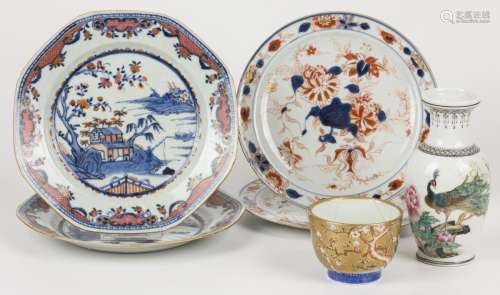 A lot of various porcelain including two plates with imari d...