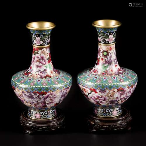 A set of (2) cloisonne vases with floral decor, China 20th c...