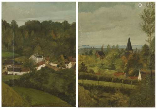 Unknown artist, 20th C. A village in a landscape; A small ch...