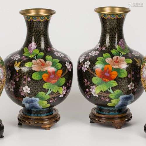 A lot comprising (4) closonne vases (2 x 2), with floral dec...