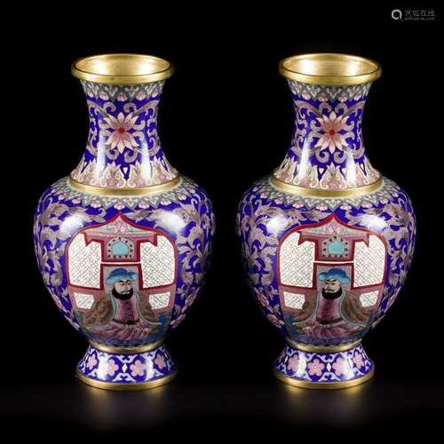 A set of (2) cloisonne vases with decor of a Mongolian ruler...