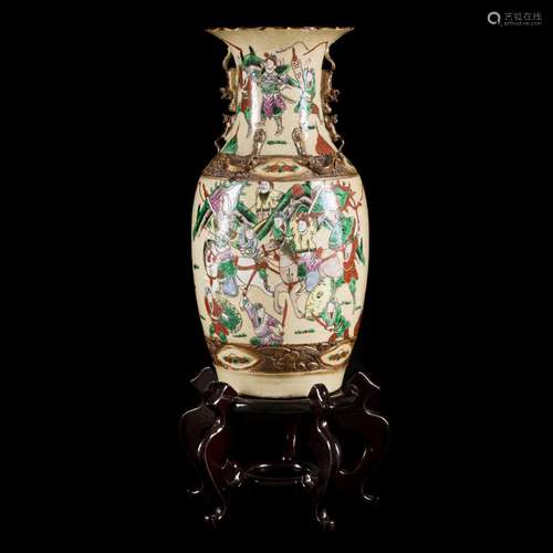 A Nan King earthenware vase, decorated with warriors, China,...