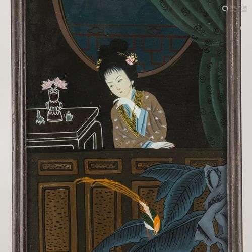 A young lady contemplating, framed painting behind glass (re...