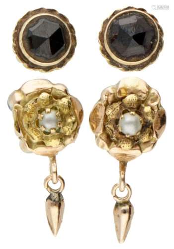 Lot of two pairs of antique 14K. yellow gold earrings set wi...