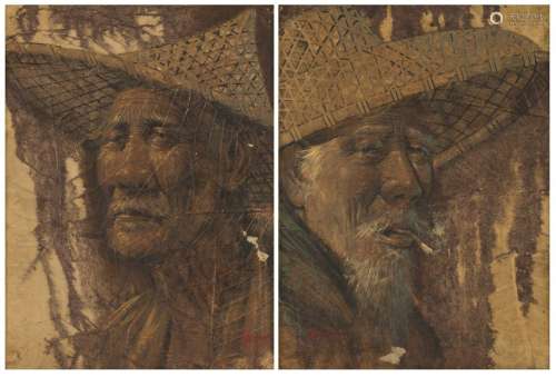 A set of (2) painting depicting a smoker and a worker on tob...