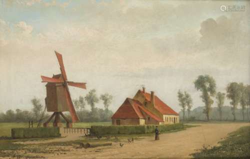 Dutch School, ca. 1900. A sandy road in a village with windm...