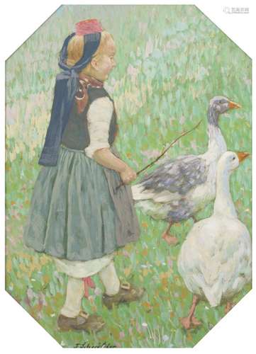 German School, 20th. C. A goose herd.