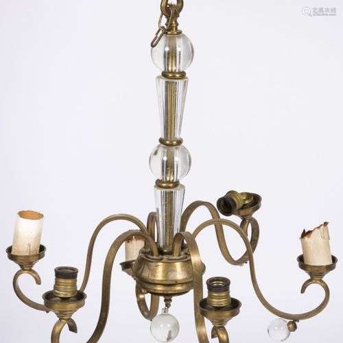 A brass pendant chandelier with glass details, 20th century.