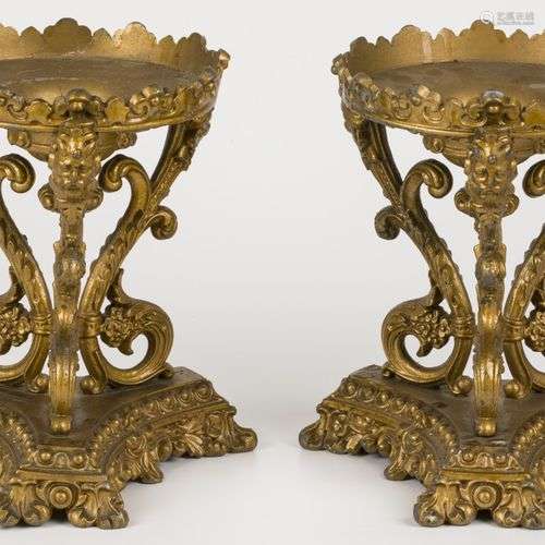 A set comprised of (2) gold painted ZAMAC tazza supports, Fr...