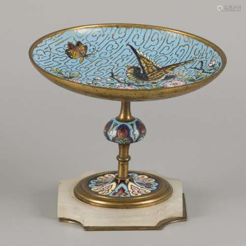 A cloisonné tazza depicting a bird and butterfly on an apple...