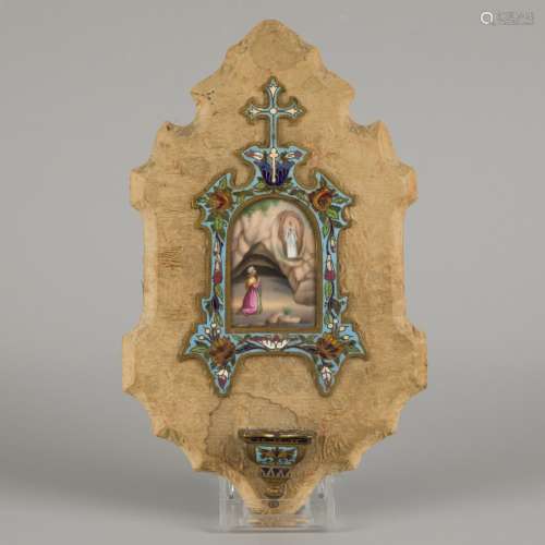A wall mounted papier mâché holy water font with cloisonné a...