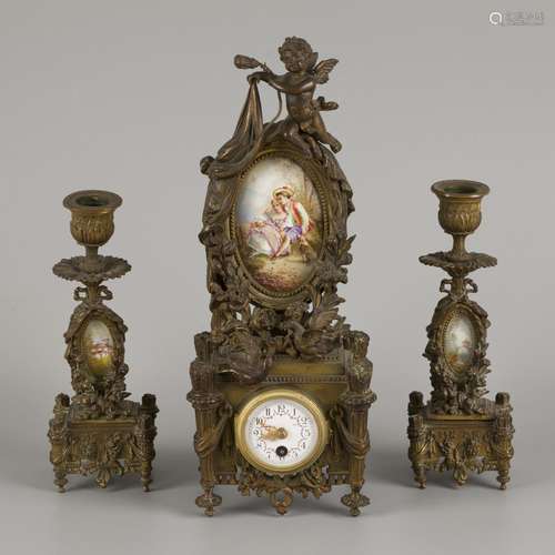 A 19th C. bronze garniture de cheminee with handpainted plaq...