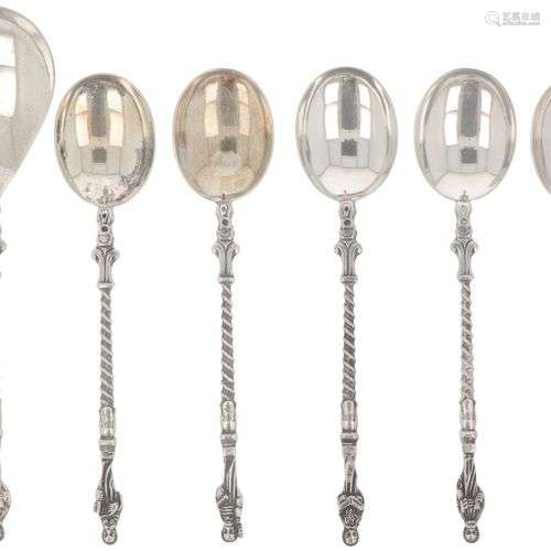 (6) piece set of apostle teaspoons with sugar scoop silver.