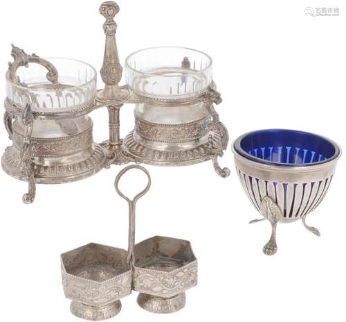 (3) piece lot of salt cellars & condiment set silver.