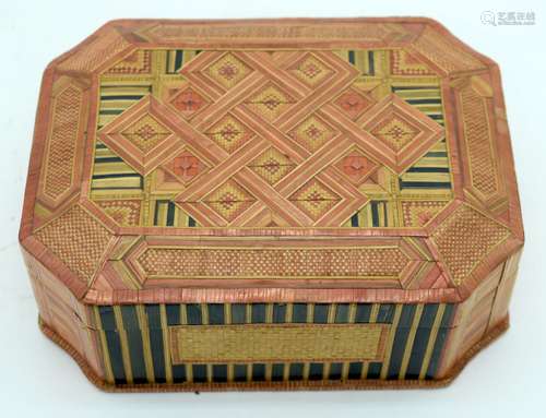 A vintage small straw work box with a micro mosiac pattern t...