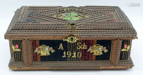 An unusual antique tramp art lidded box 13 x 32 x 16cm.