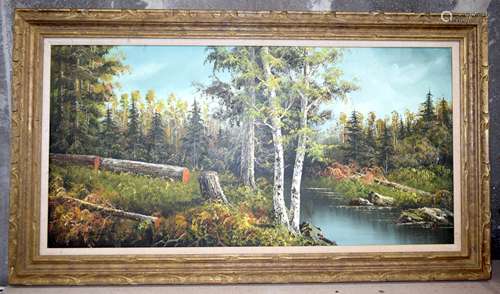 A large signed framed oil on canvas depicting a forest scene...