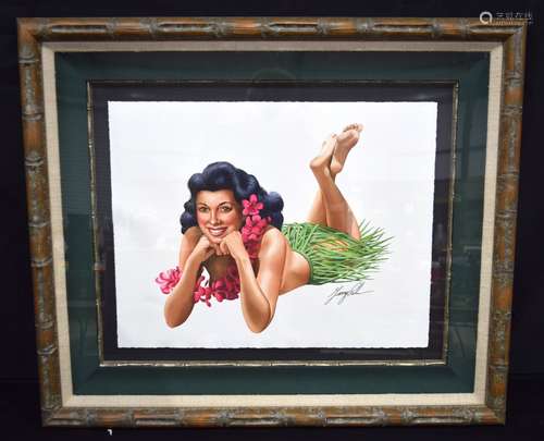 A framed watercolour by Garry Palm of a Hawaiian girl 42 x 5...