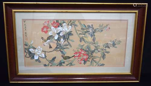 A large framed Chinese Watercolour depicting birds and folia...