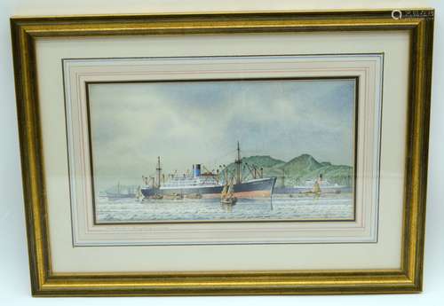 A Framed watercolour of a Blue Funnel cargo ship in Hong Kon...