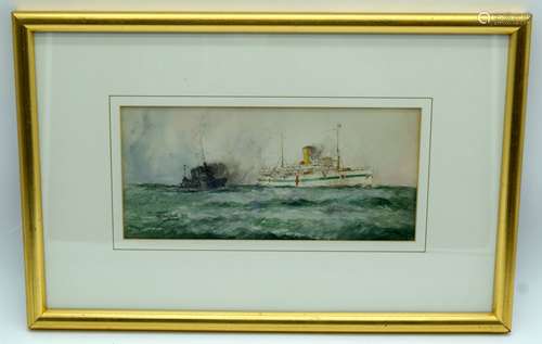 A framed watercolour of a hospital ship with escort by W M B...