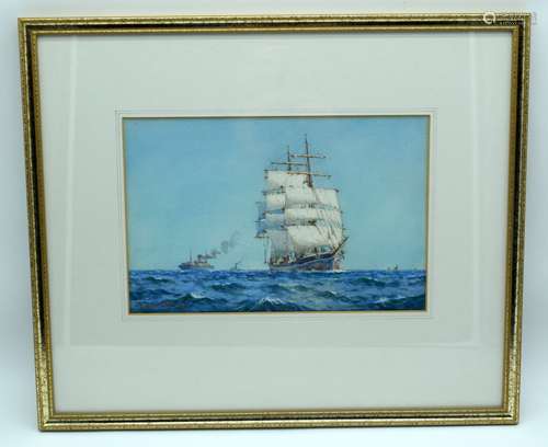 A framed watercolour of ships under way at sea (signed indis...